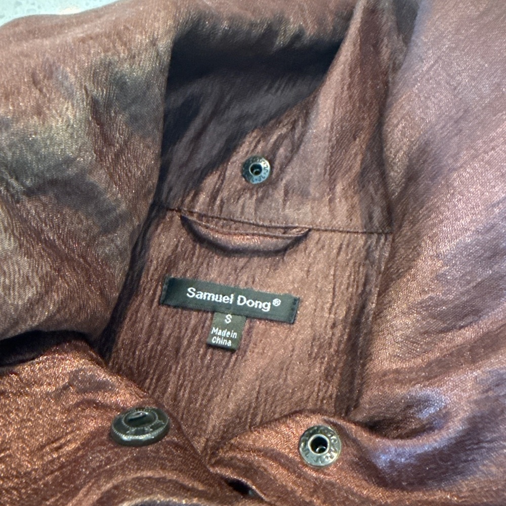 Samuel Dong Brown Shimmer Bubble Hem High Collar Small Dark Brown Outerwear Coat - Picture 4 of 17